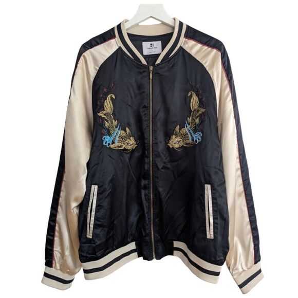 Standard Issue Embroidered Samurai Koi Fish Tokyo Bomber Jacket Cream Black Sz L - Picture 1 of 7